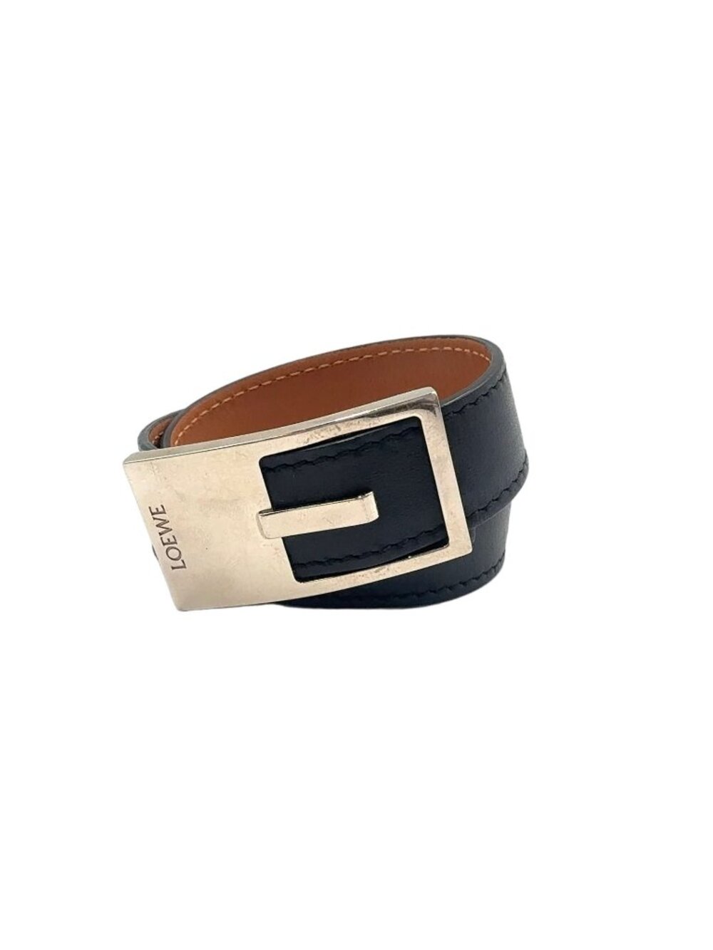 Loewe Plate Buckle Style Choker Leather Black Bracelet Silver